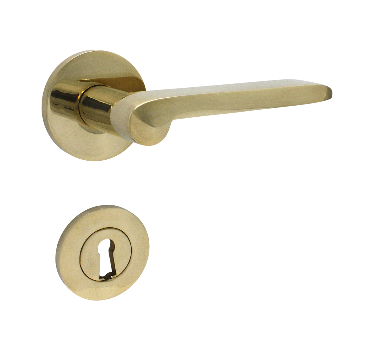 Dørhåndtag Vallerød til nye døre, inkl. nøgleskilt og roset, poleret blank messing uden lak • KYNER & Co - Copenhagenhomedesign