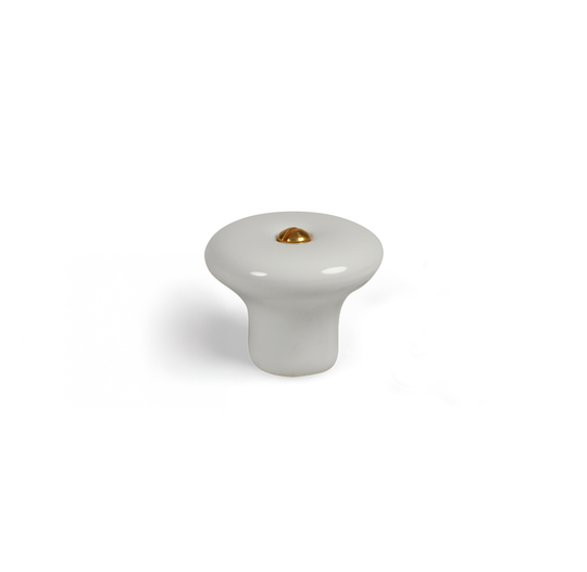 Porcelænsknop i hvid porcelæn med messingskrue, 31 mm
