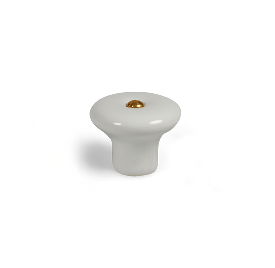 Porcelænsknop i hvid porcelæn med messingskrue, 36 mm