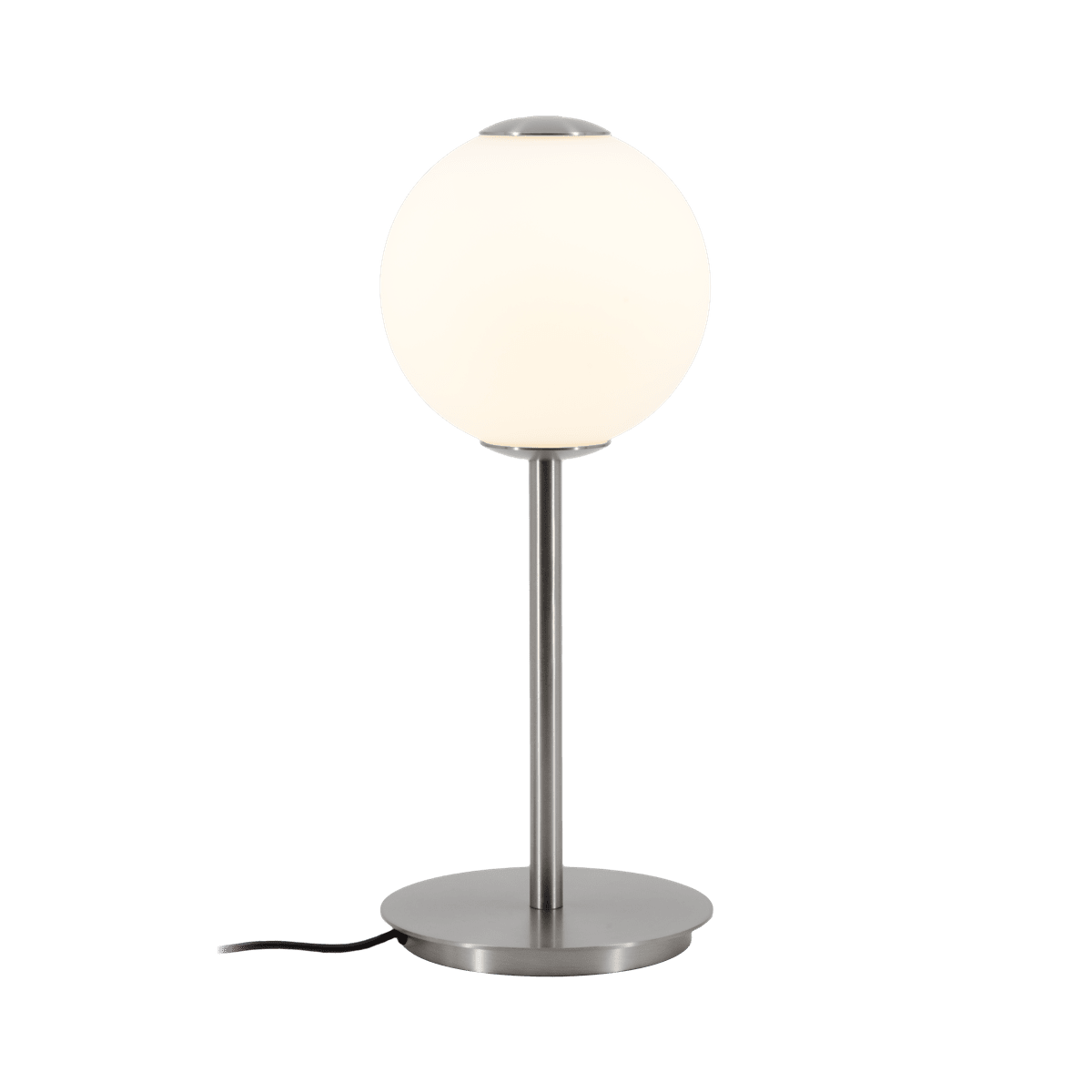 Audrey Table bordlampe fra UMAGE med lysende rund skærm, slank stålstang og rund fod.
