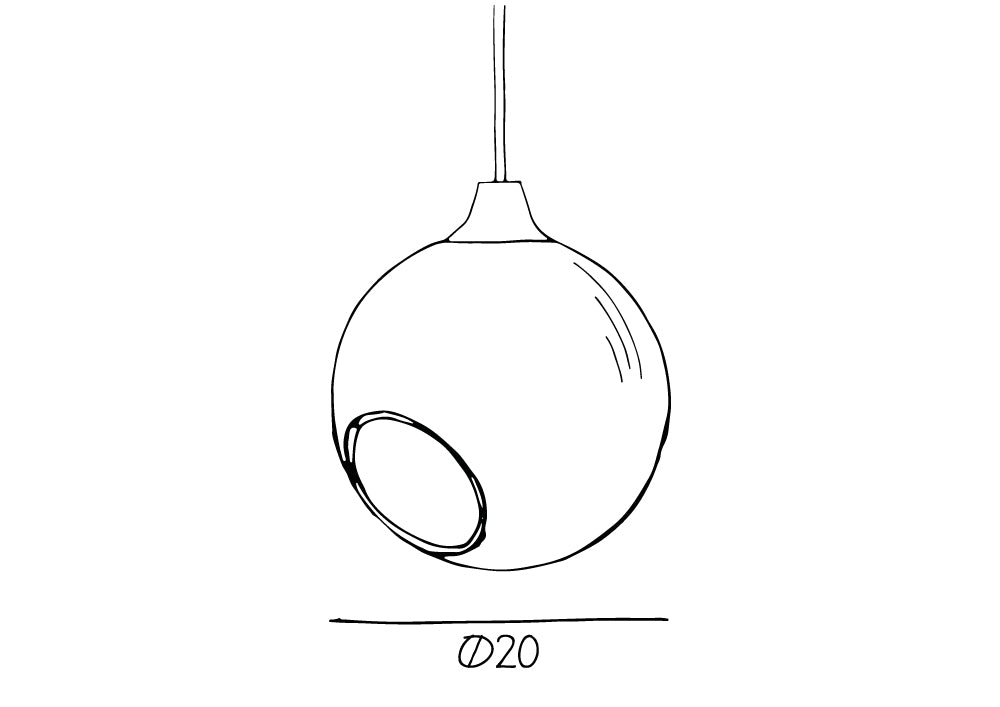 Rund lampe i hvidt glas og med et afskåret stykke med guldkant og kig til pæren. Fatning og rosetten er guldfarvet og ledningen er af sort stof.